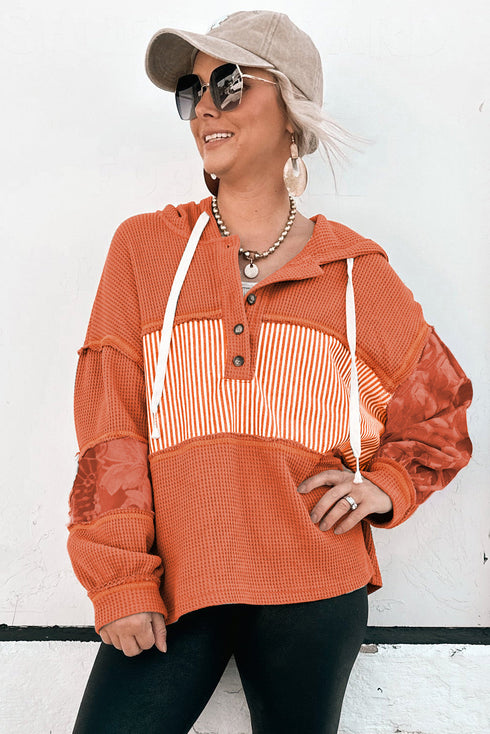 Waffle Knit Stripe Patchwork Henley Drawstring Hood Drop Shoulder Long Sleeve Top